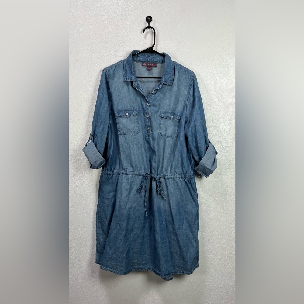 GLORIA VANDERBILT Dress L Chambray Shirt Popover Roll Tab Sleeve Blue TC0720